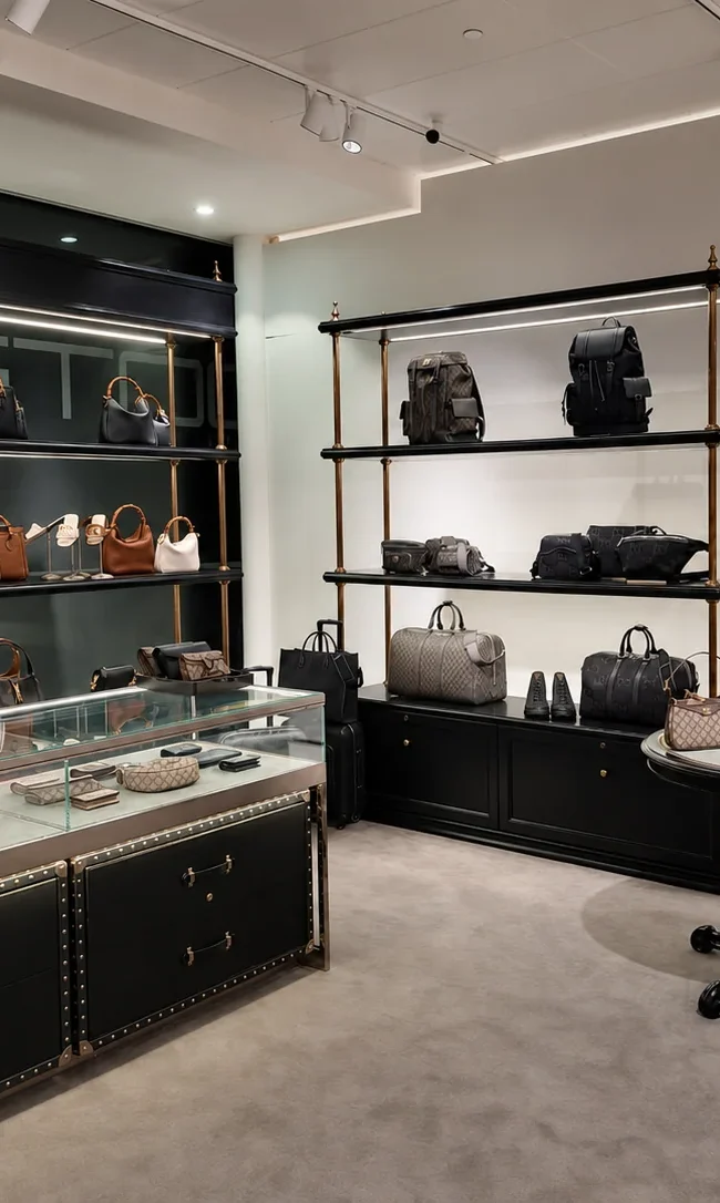 Panoramica della boutique Gucci completata con arredi espositivi su misura